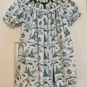 Ann + Reeves Christmas Toile Green and White Smocked Dress - 4T